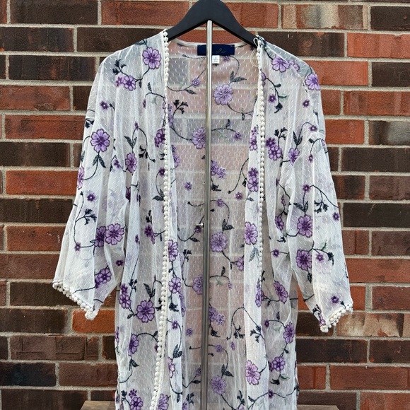 Blue Rain Other - Blue Rain Sheer Kimono with Purple Floral Embroidery
